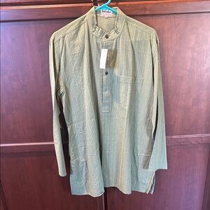 Fabindia Green Embroidered Striped Men's Shirt Kurta